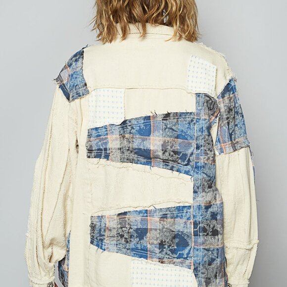 POL Jacket  Shacket in Twill and Plaid Mix Fabric Cream/Navy NWT - Picture 2 of 3